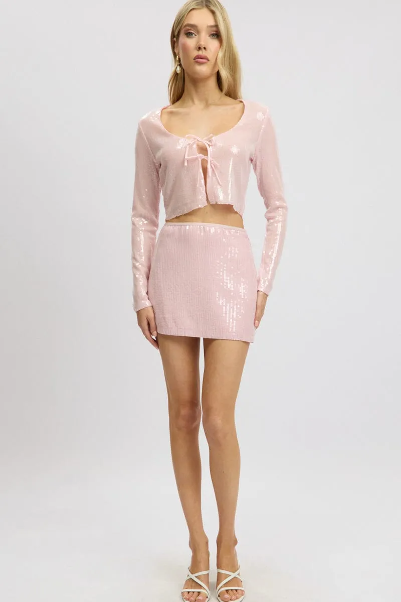 Pink Sequins Skirt High Waisted Mini
