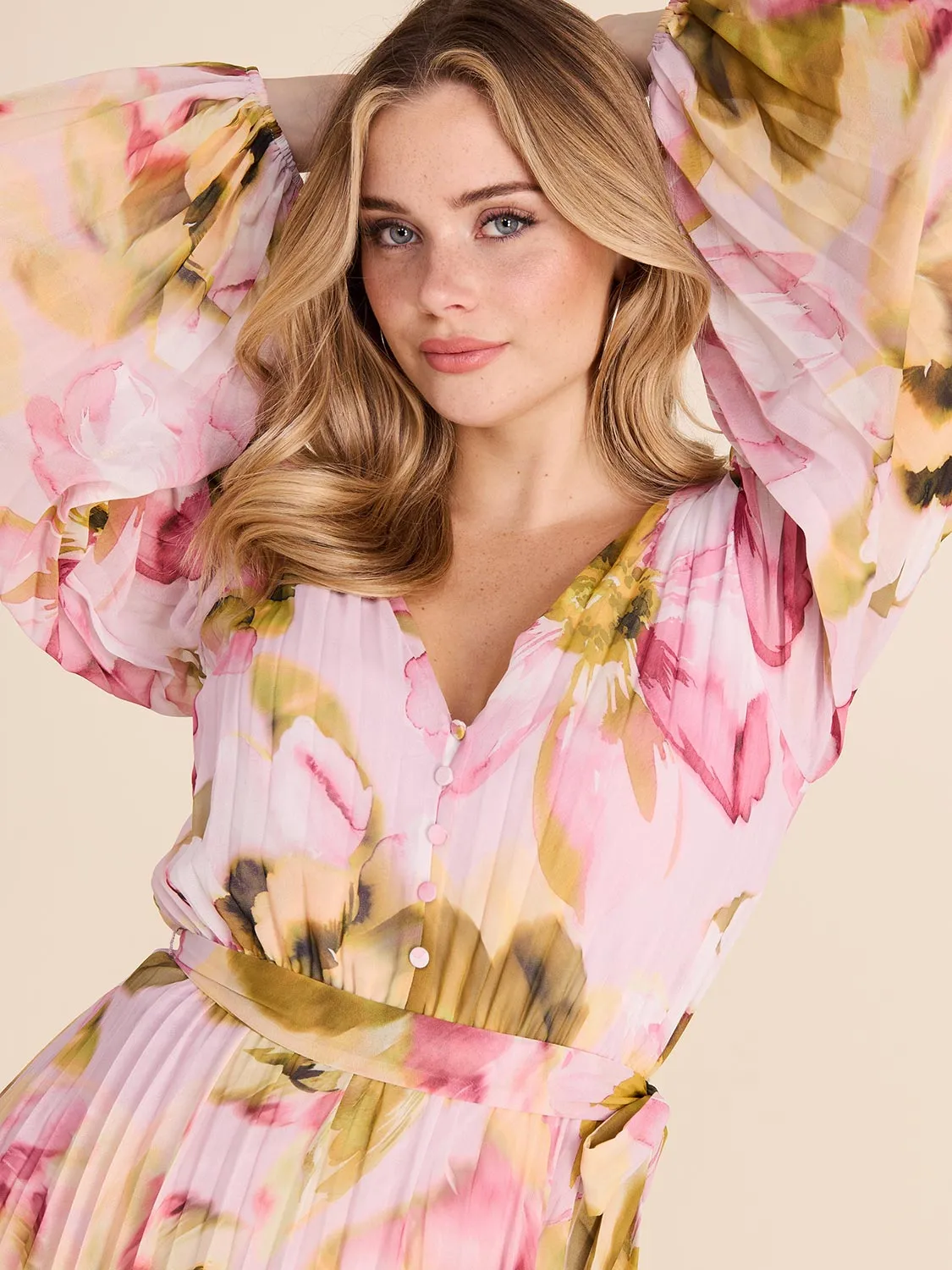 Pleated Fit & Flare Floral Midi Dress