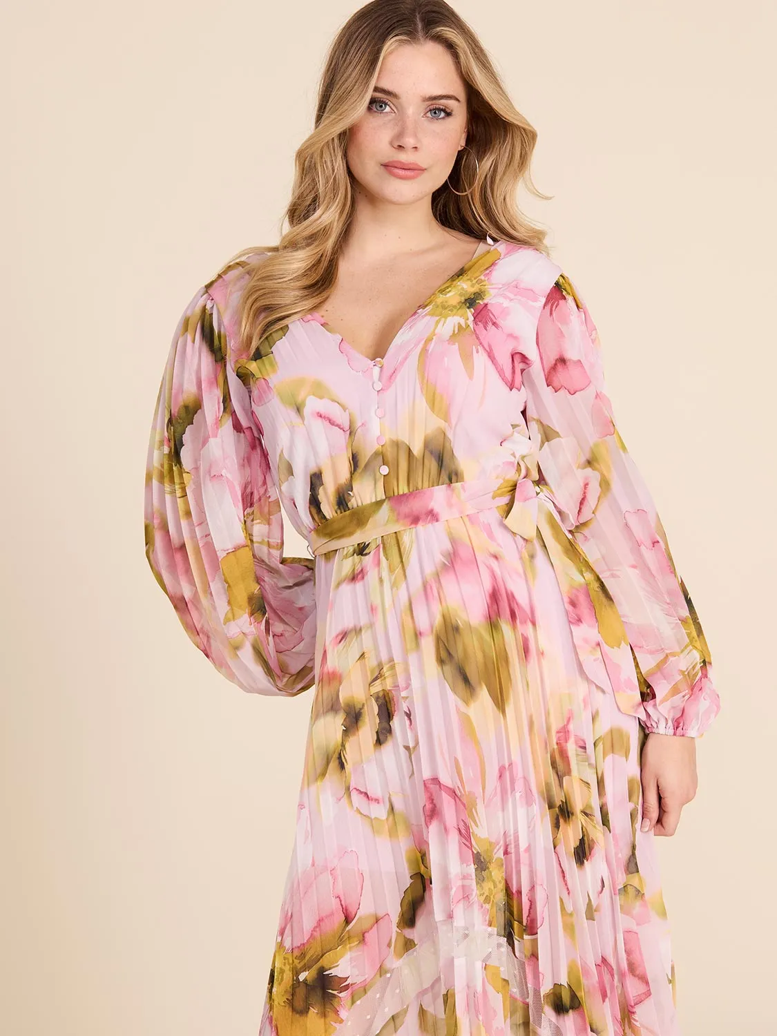 Pleated Fit & Flare Floral Midi Dress