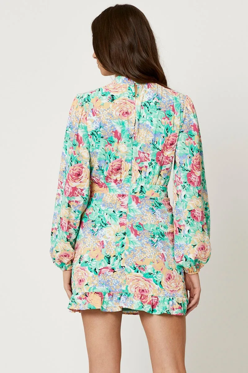 Print High Neck Wrap Skirt Dress