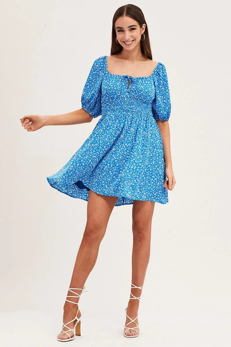 Print Puff Sleeve Skater Dress