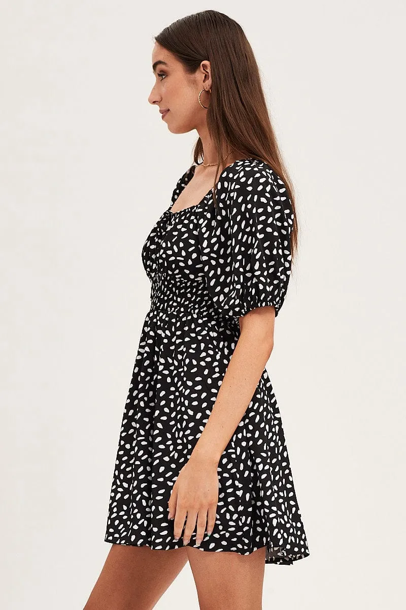 Print Puff Sleeve Skater Dress