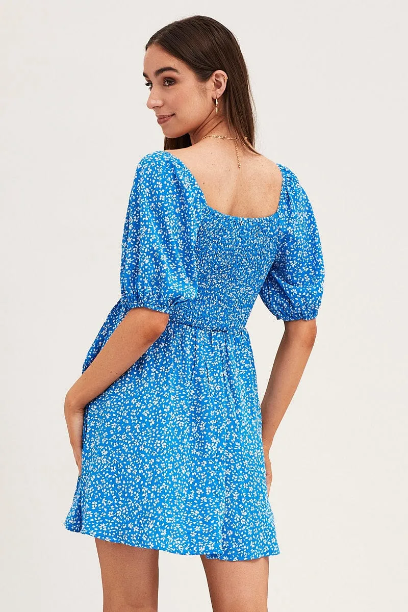 Print Puff Sleeve Skater Dress