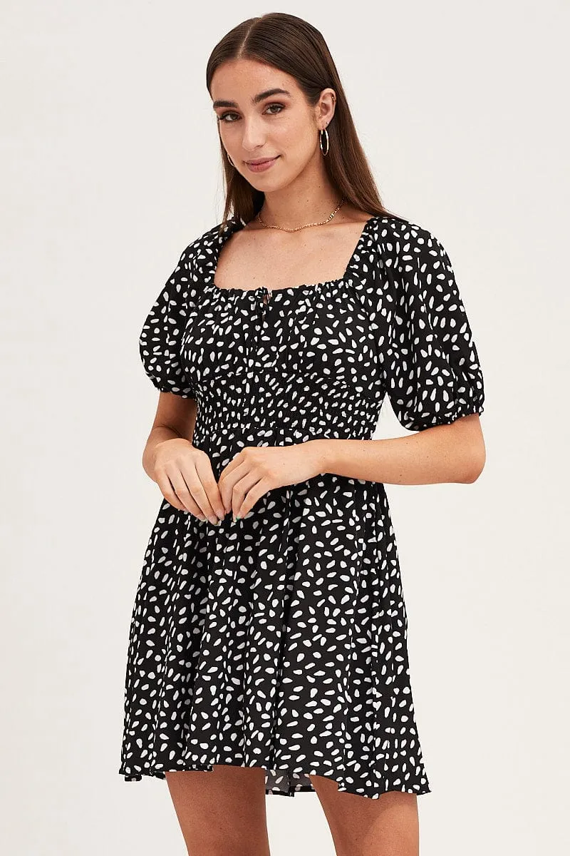 Print Puff Sleeve Skater Dress