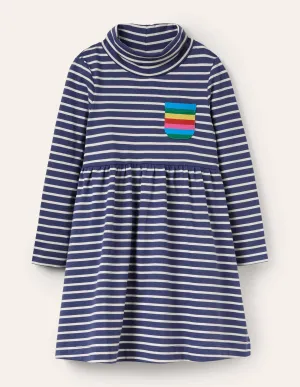 Roll Neck Supersoft Dress-Starboard Blue/ Ivory