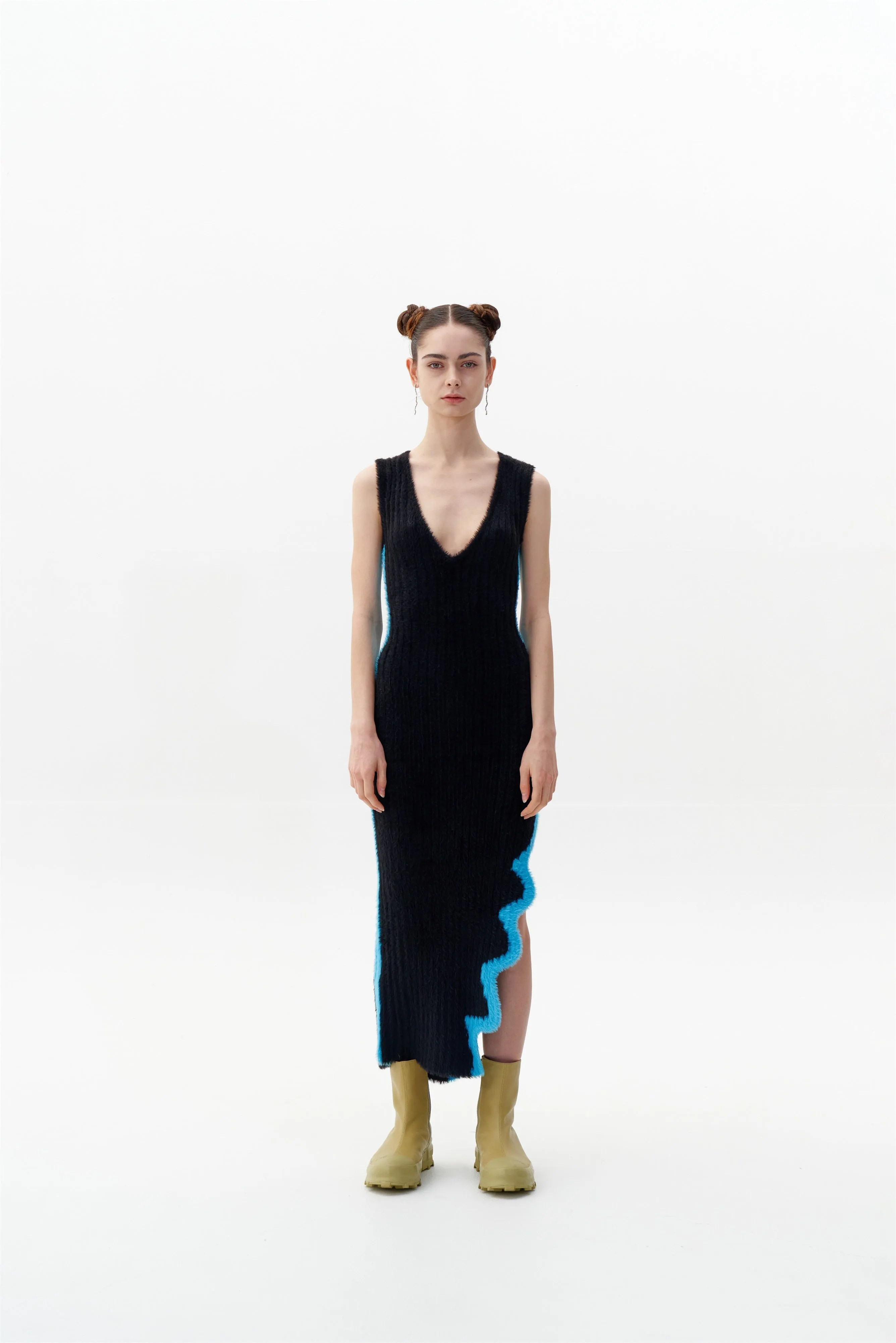 SATURN ECO FAUX FUR REVERSIBLE LONG DRESS WITH SIDE SLIT