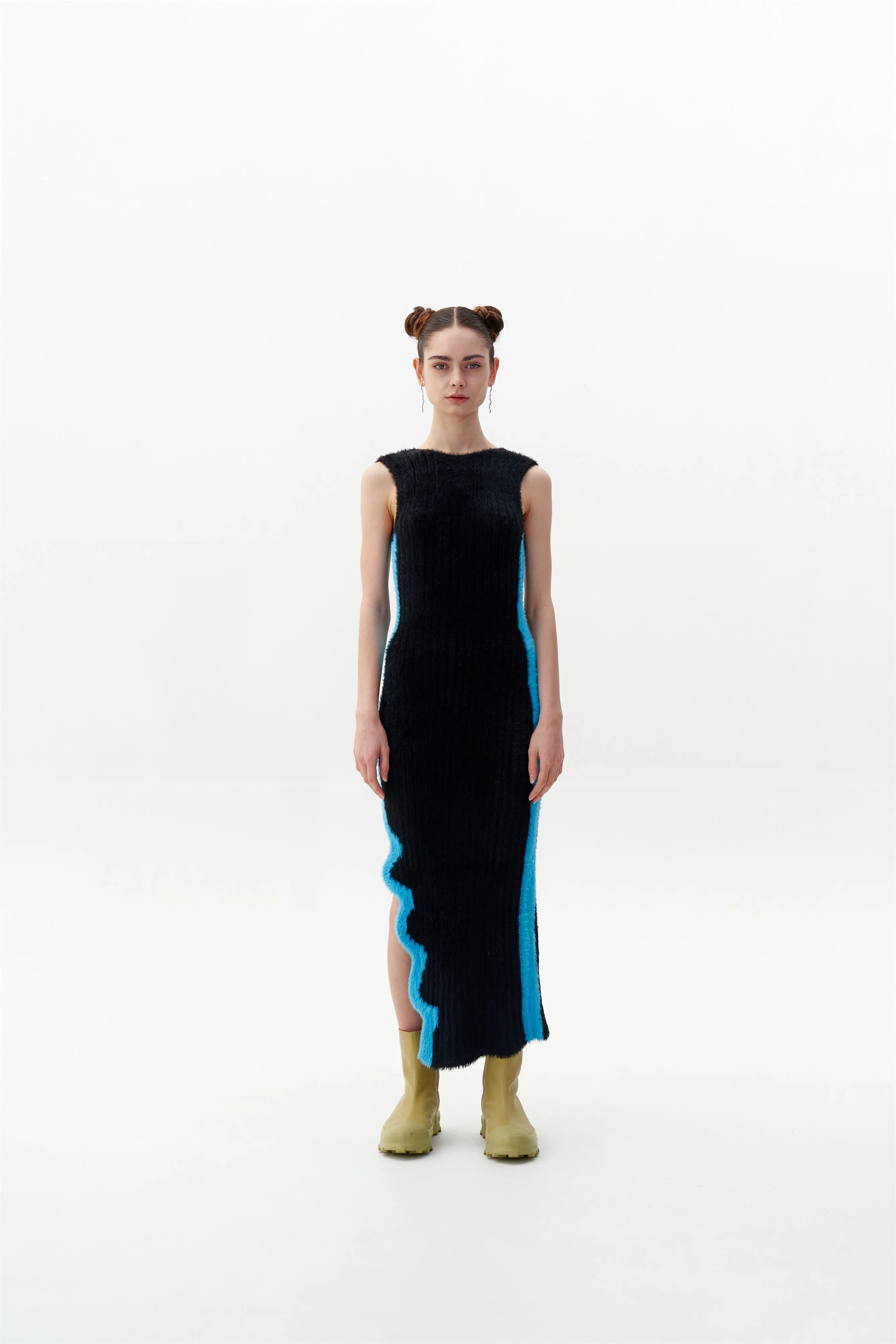 SATURN ECO FAUX FUR REVERSIBLE LONG DRESS WITH SIDE SLIT