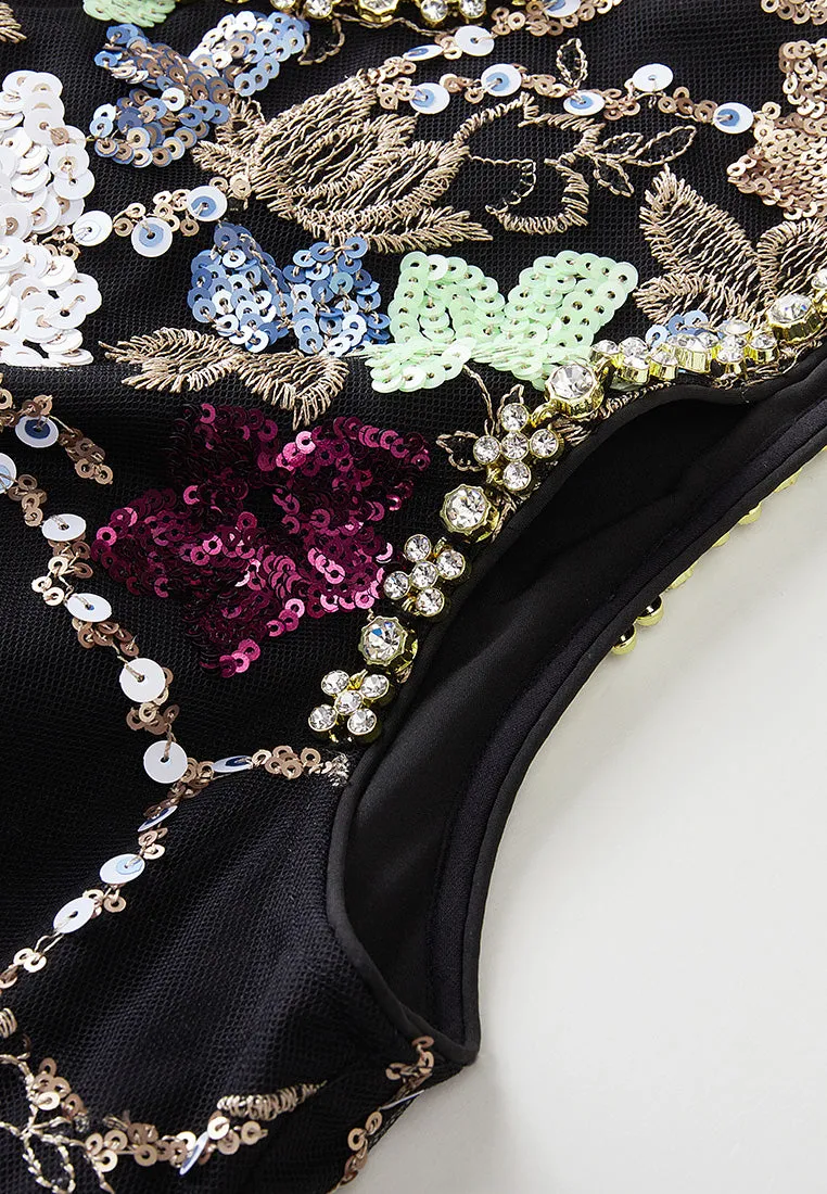 Sequin-detail Crystal-detail Embroidered Mesh Dress