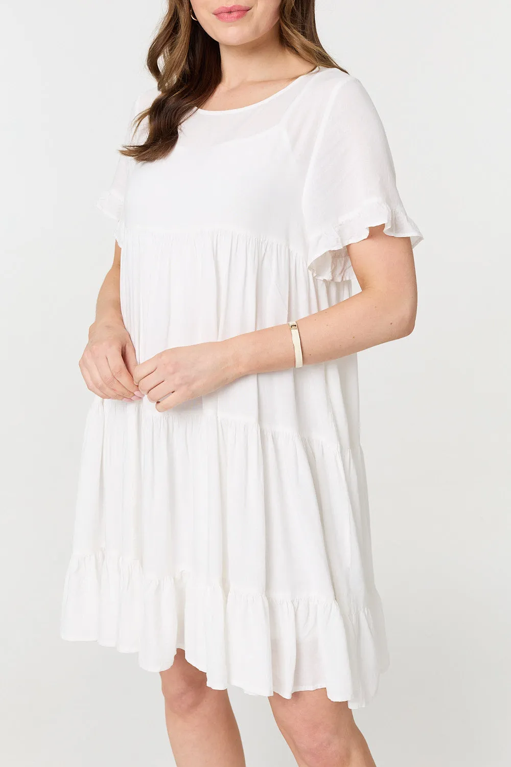 Short Sleeve Frilled Short Smock Dress