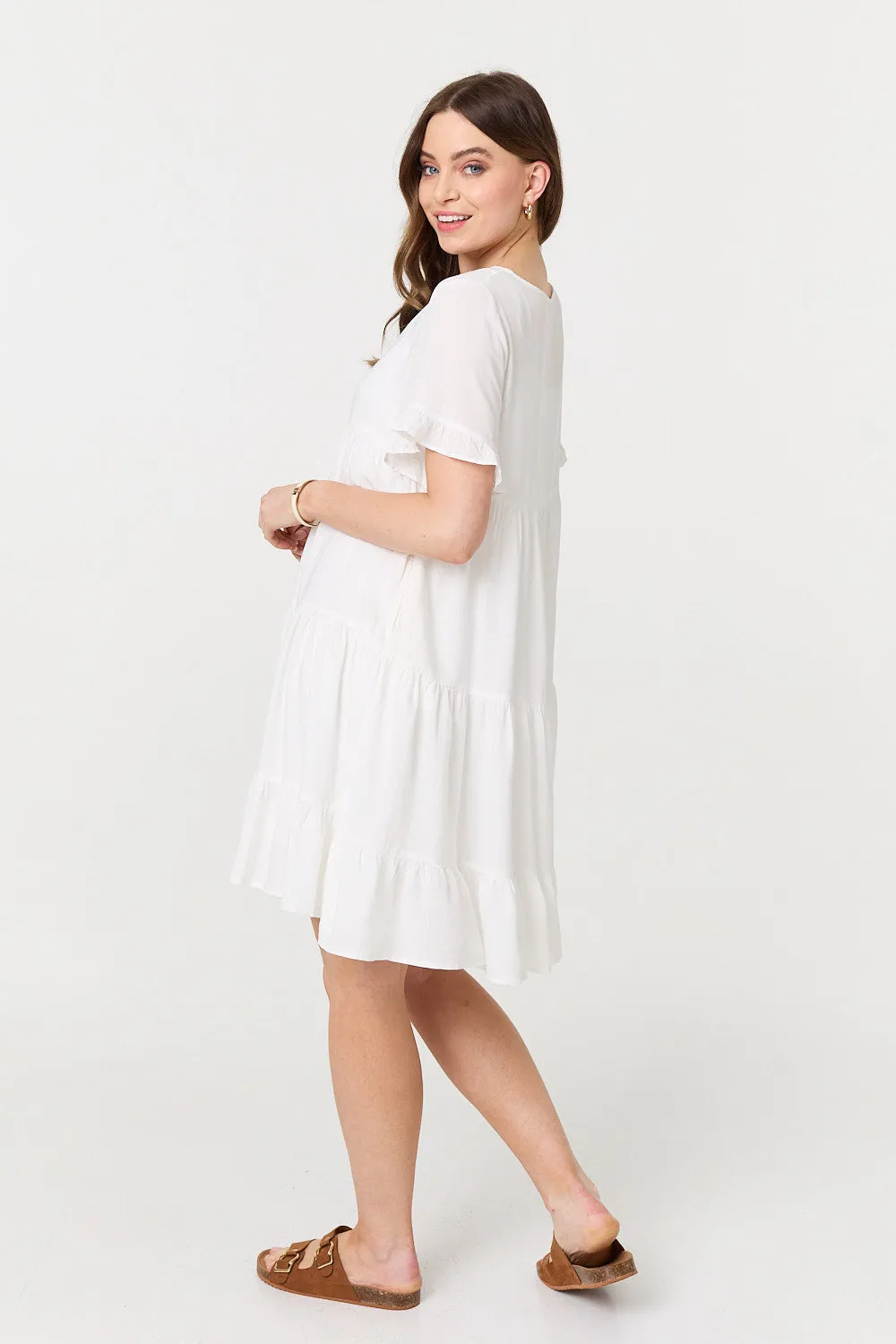 Short Sleeve Frilled Short Smock Dress