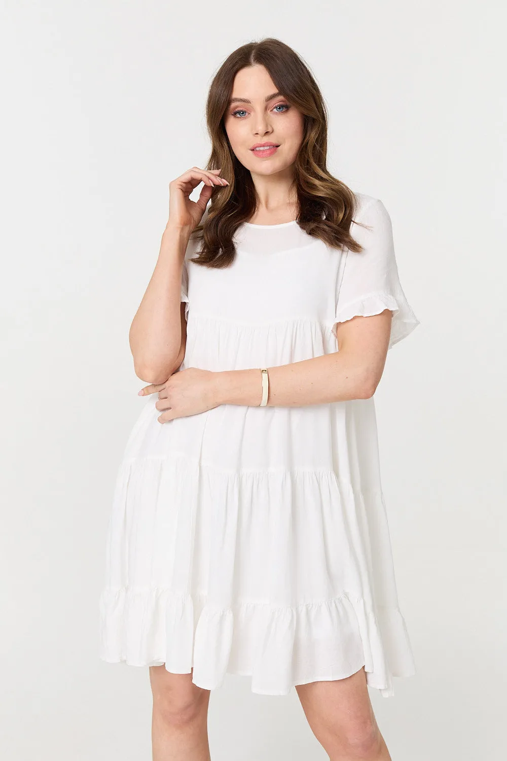 Short Sleeve Frilled Short Smock Dress
