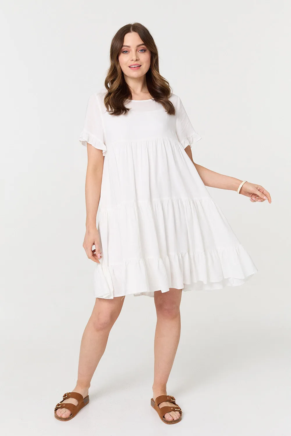 Short Sleeve Frilled Short Smock Dress