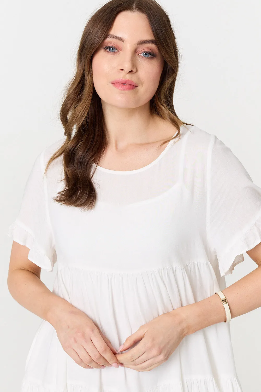 Short Sleeve Frilled Short Smock Dress