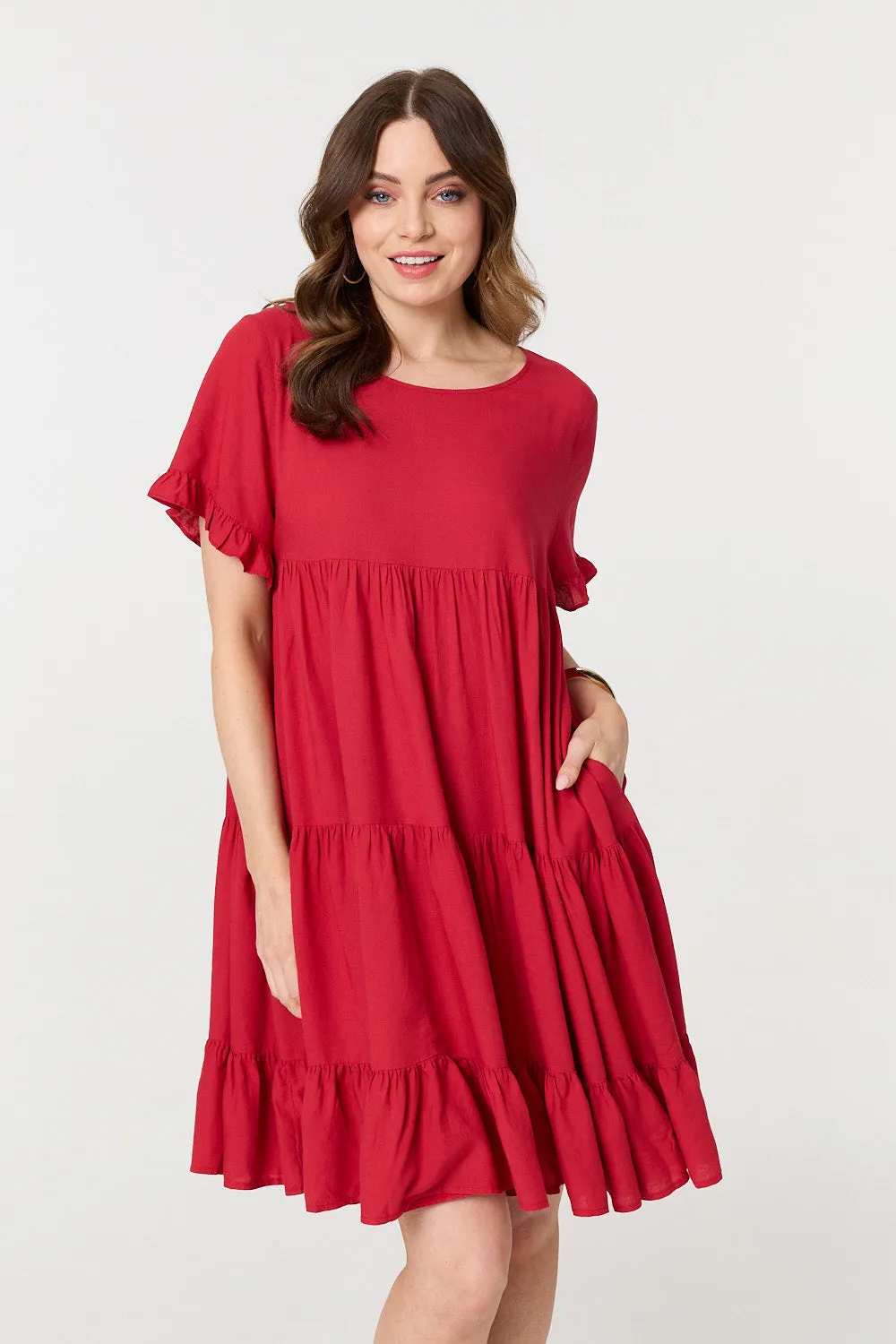 Short Sleeve Frilled Short Smock Dress