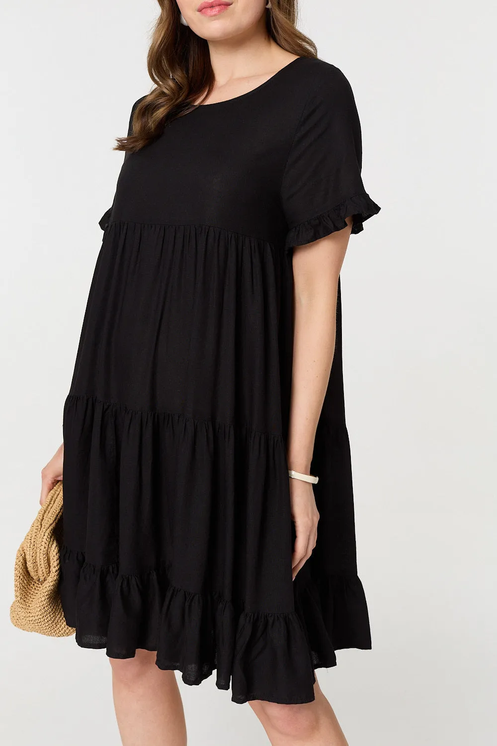 Short Sleeve Frilled Short Smock Dress