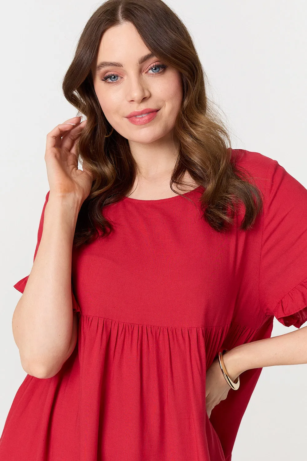 Short Sleeve Frilled Short Smock Dress