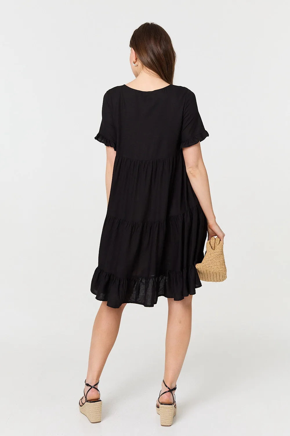 Short Sleeve Frilled Short Smock Dress