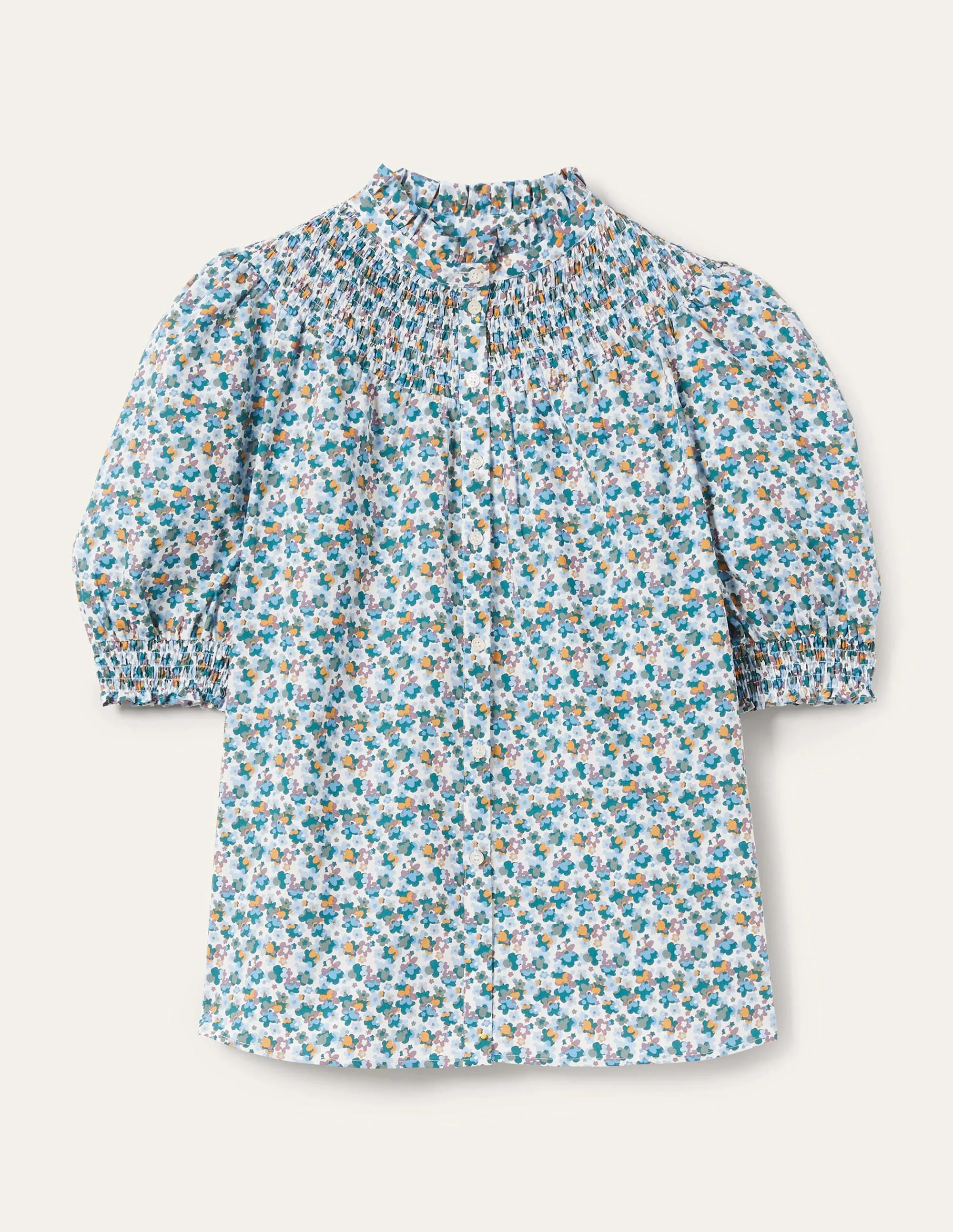 Short Sleeve Smocked Shirt-Blue. Abstract Cluster