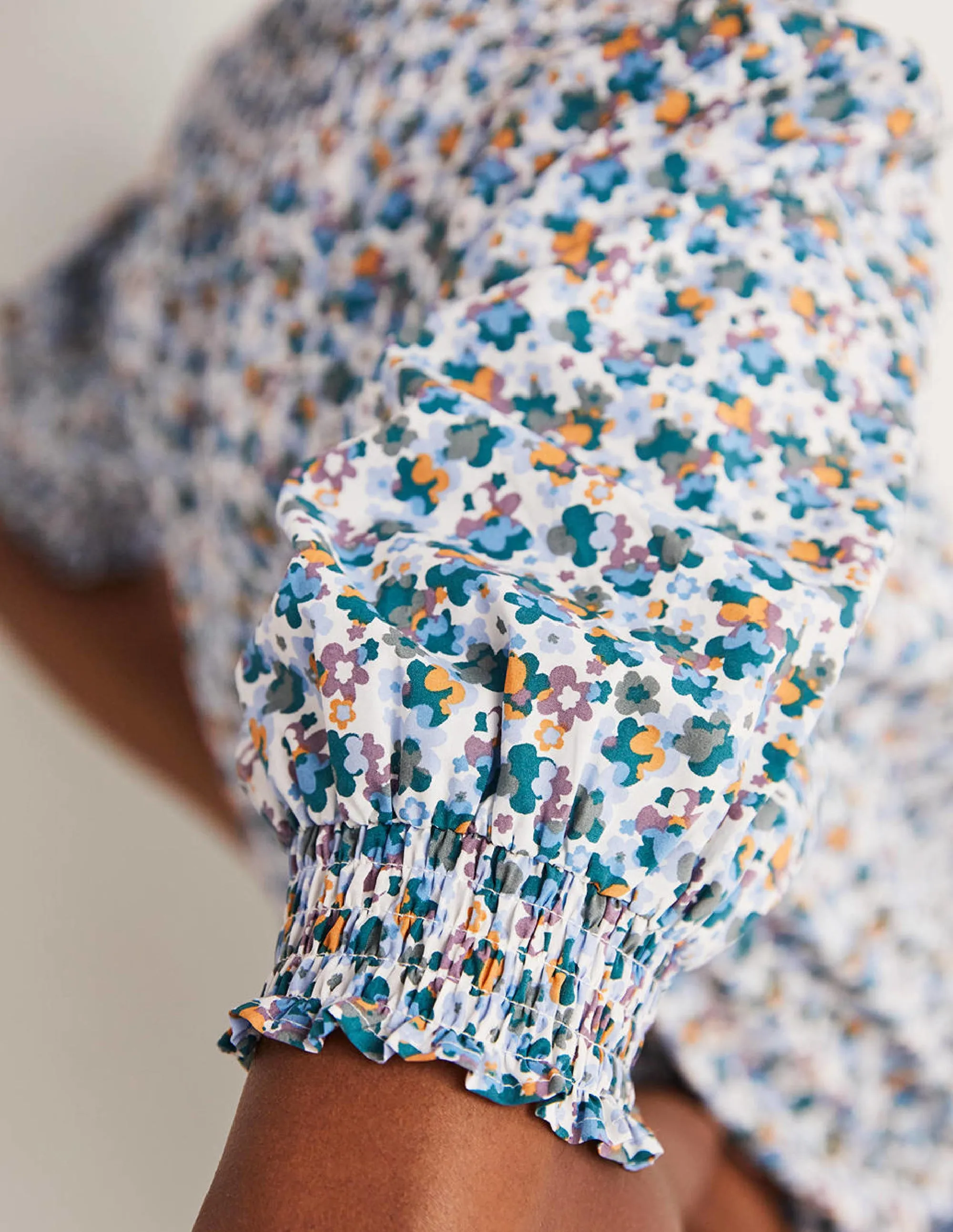 Short Sleeve Smocked Shirt-Blue. Abstract Cluster