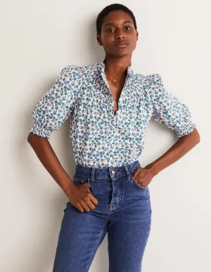 Short Sleeve Smocked Shirt-Blue. Abstract Cluster