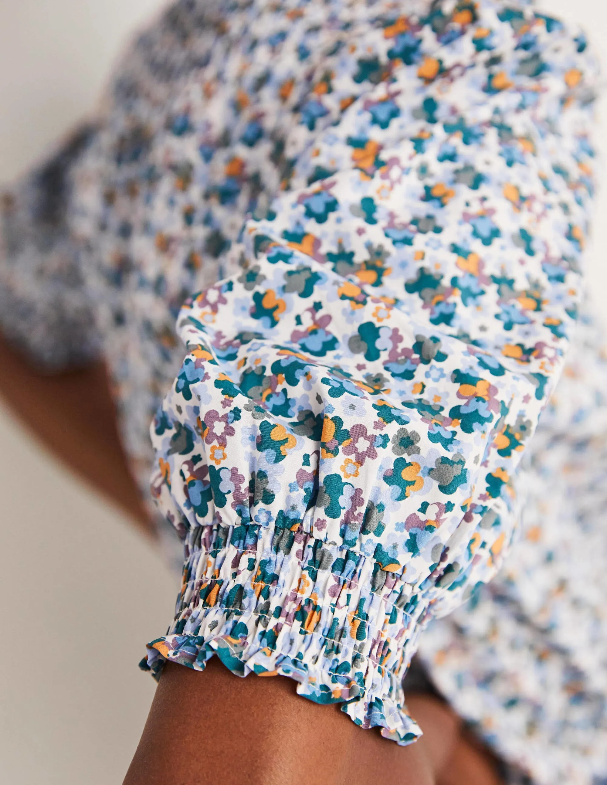Short Sleeve Smocked Shirt-Blue. Abstract Cluster