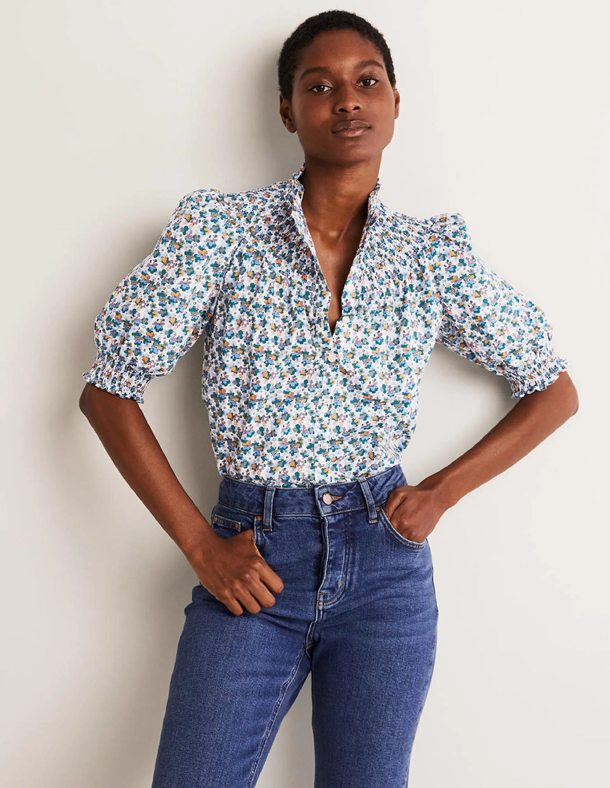 Short Sleeve Smocked Shirt-Blue. Abstract Cluster