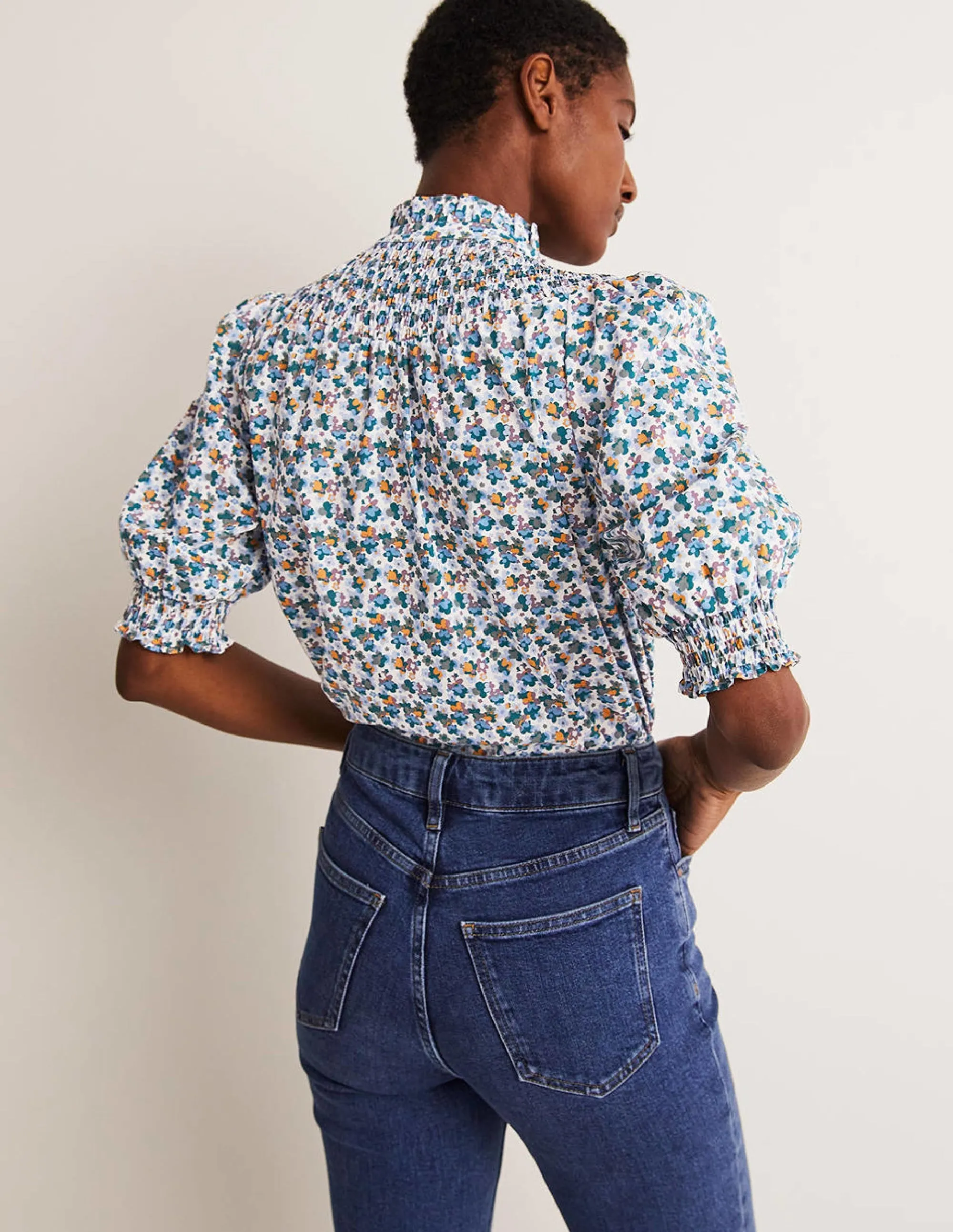 Short Sleeve Smocked Shirt-Blue. Abstract Cluster