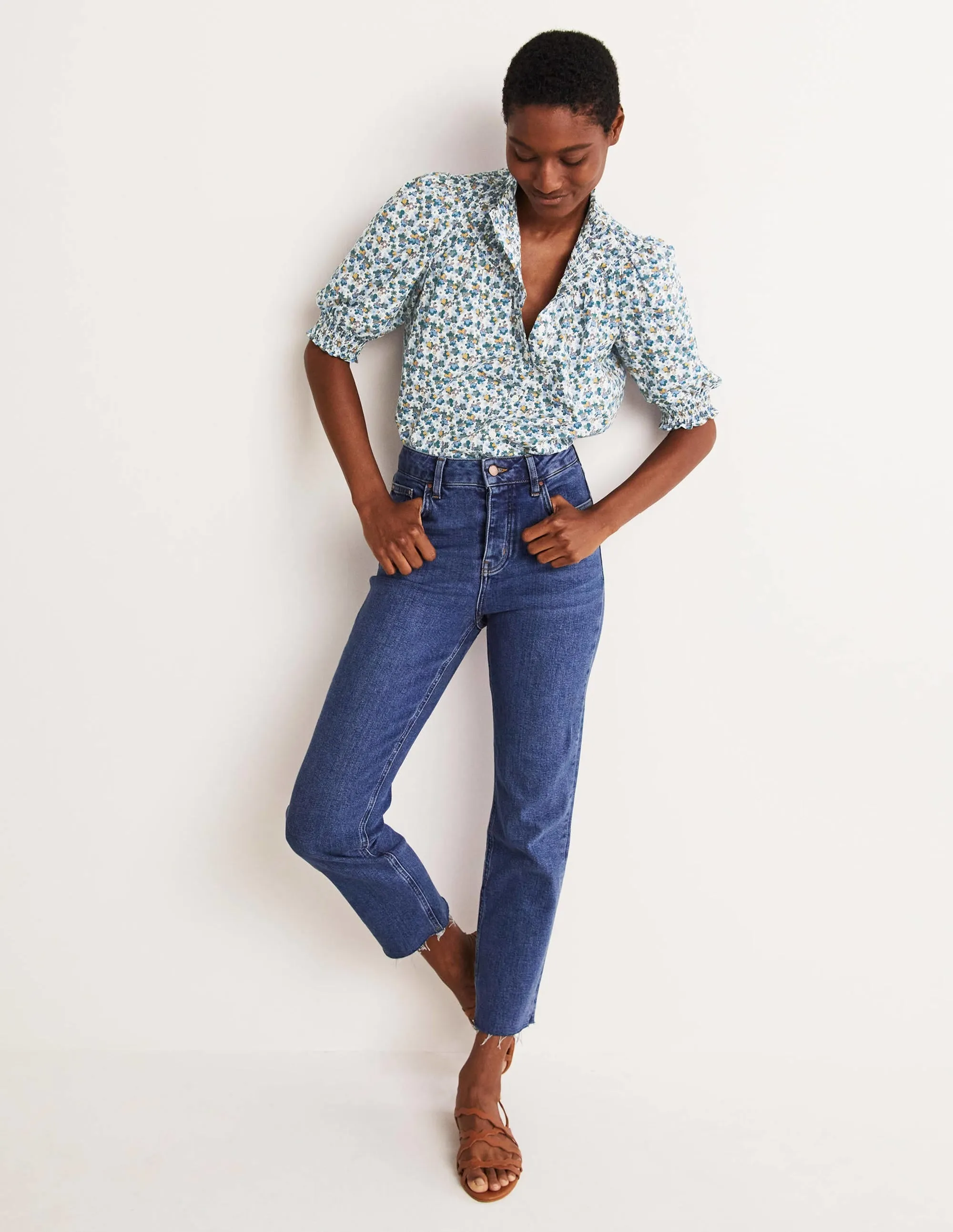 Short Sleeve Smocked Shirt-Blue. Abstract Cluster