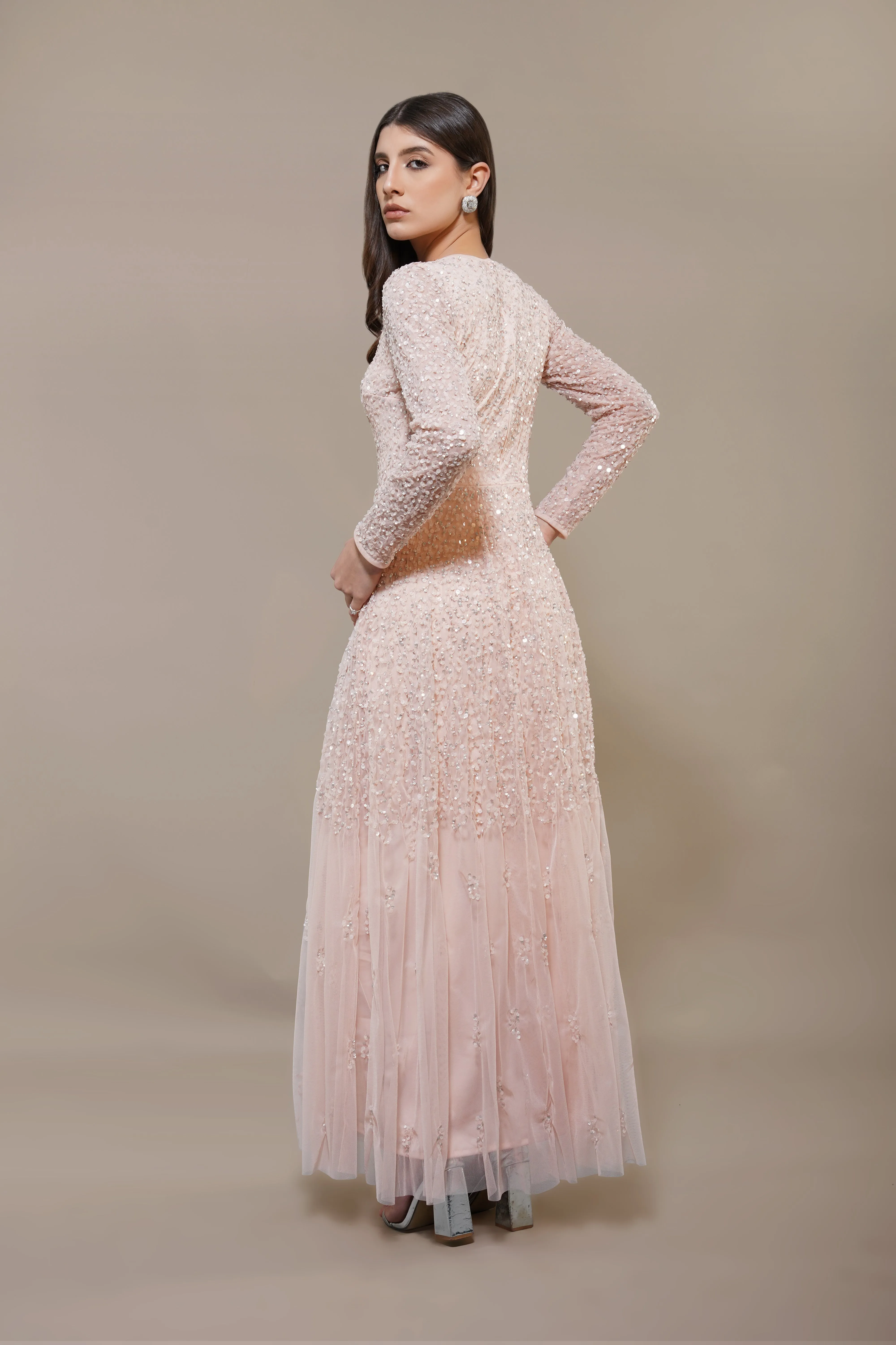Sila Long Sleeve Embellished Maxi Dress in Blush Pink