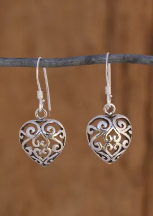 Silver Filigree Heart Drop Earrings