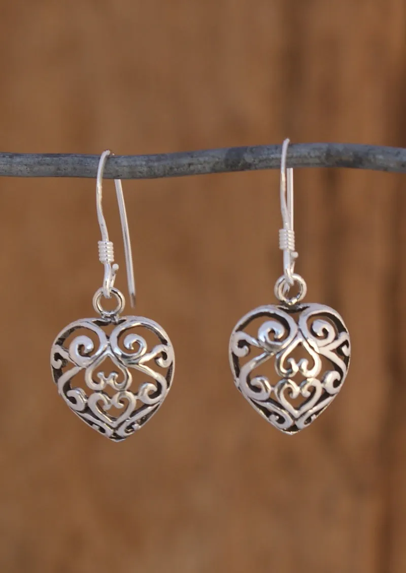 Silver Filigree Heart Drop Earrings