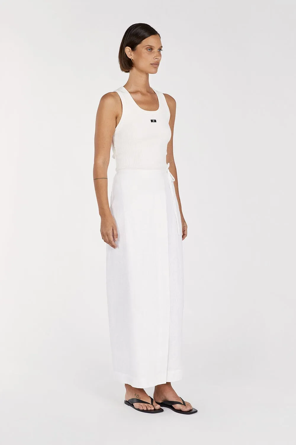 SKYE WHITE LINEN WRAP MIDI SKIRT
