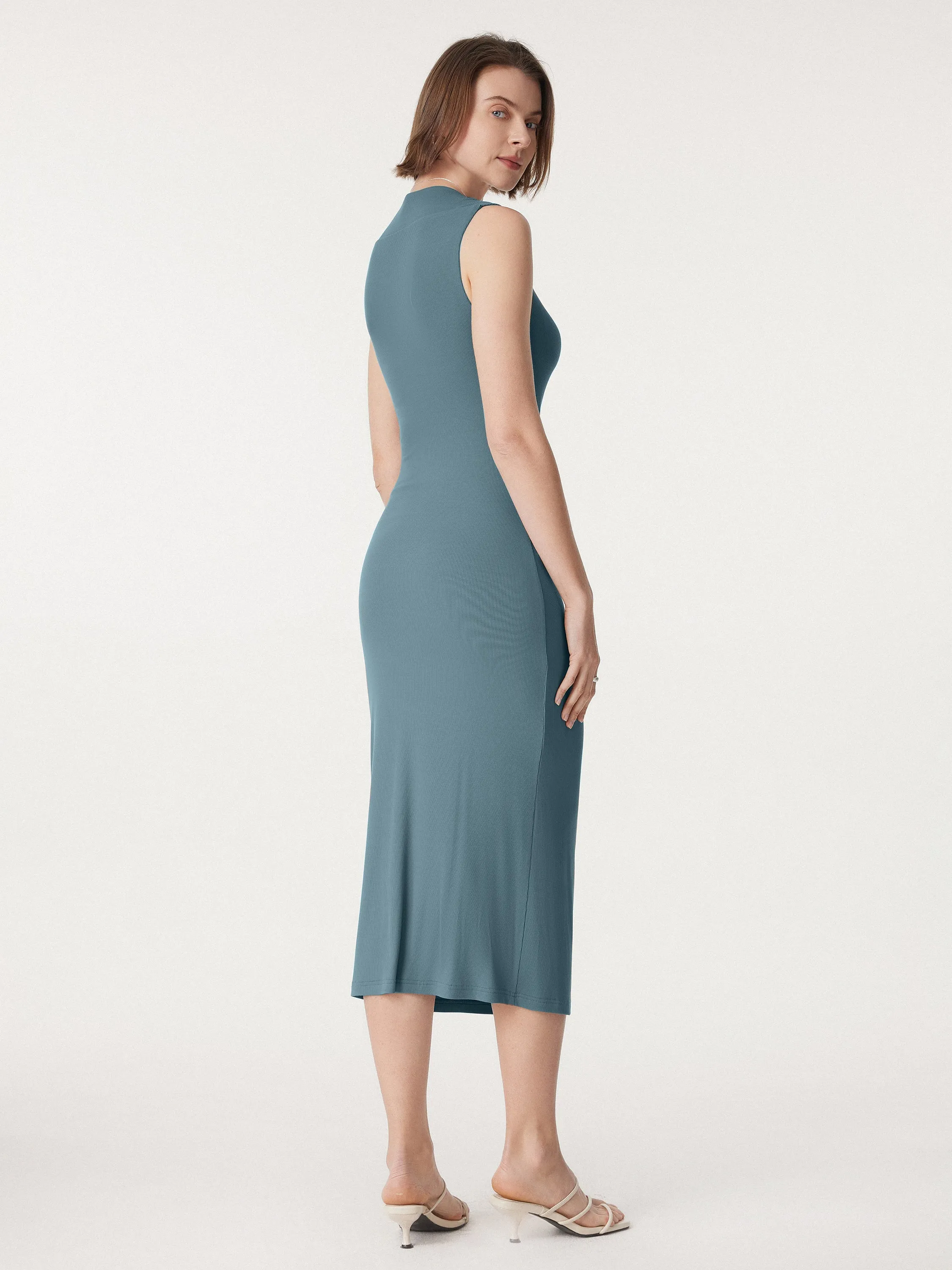 Square Neck Side Ruched Sleeveless Brami Midi Dress