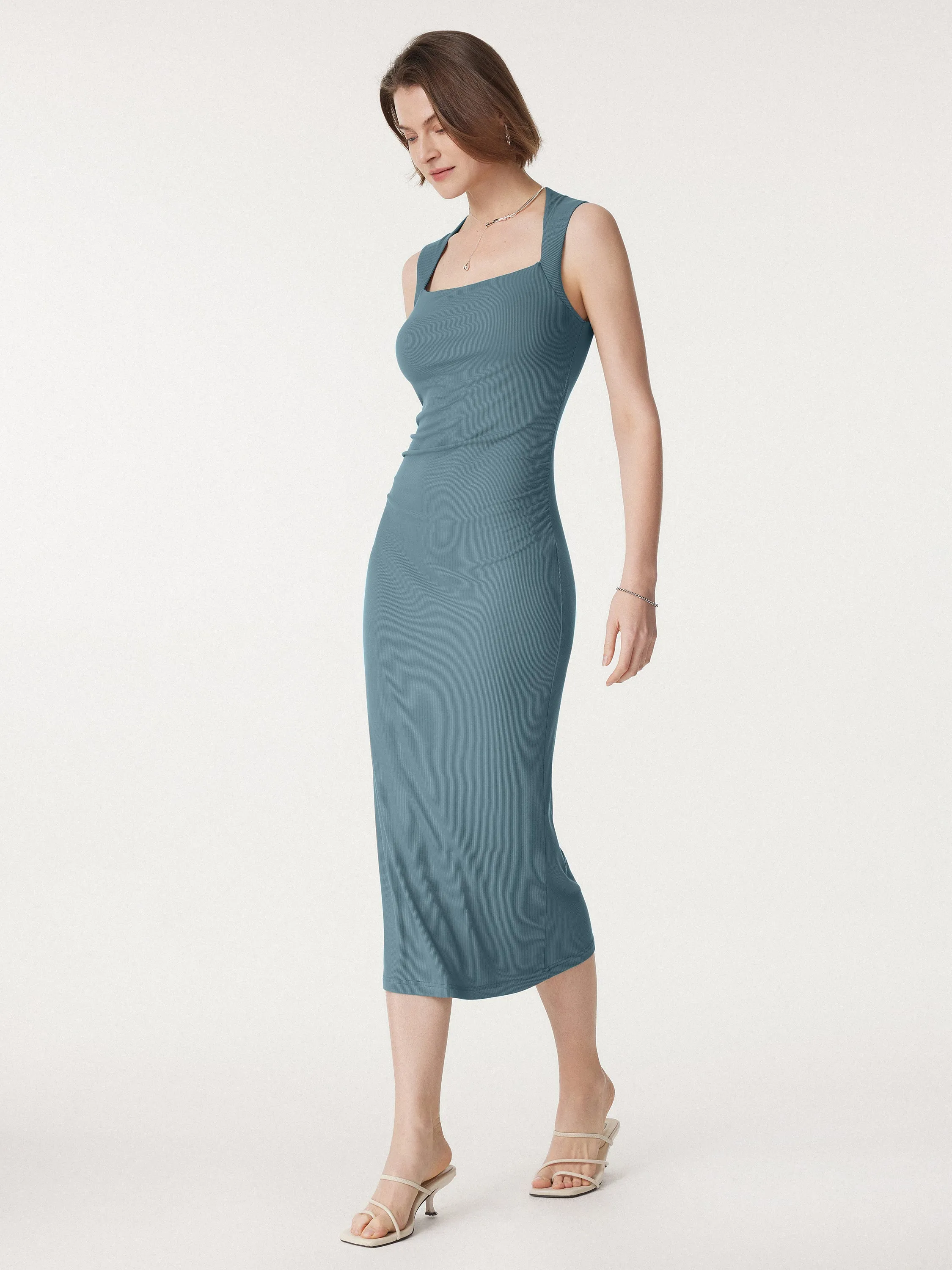Square Neck Side Ruched Sleeveless Brami Midi Dress