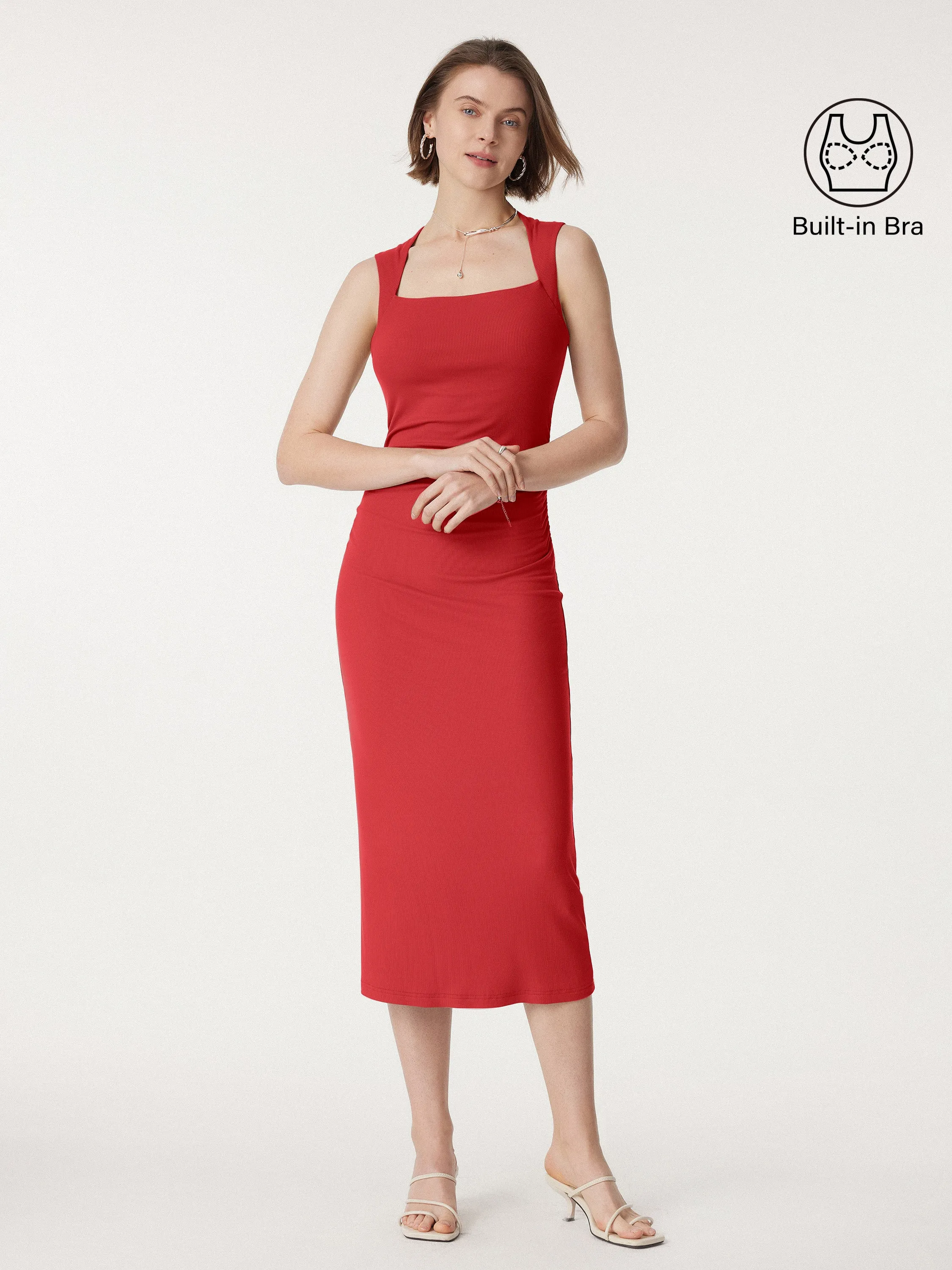 Square Neck Side Ruched Sleeveless Brami Midi Dress
