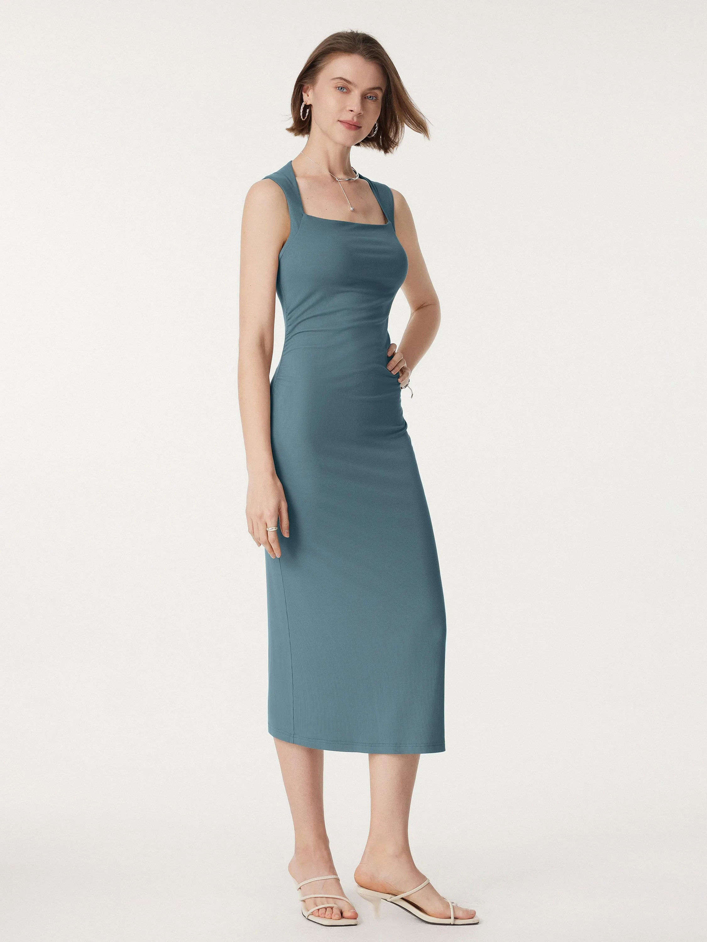 Square Neck Side Ruched Sleeveless Brami Midi Dress