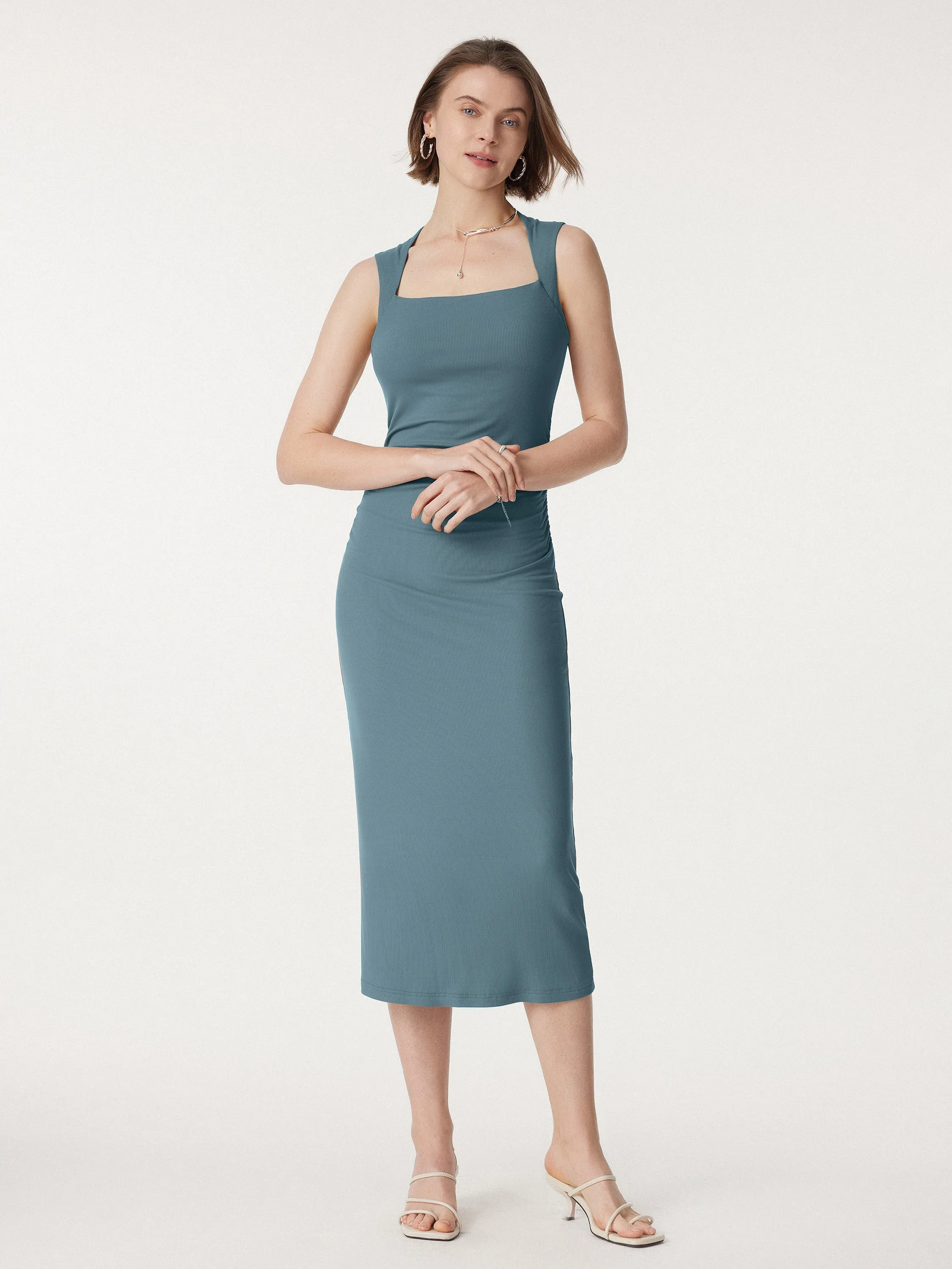 Square Neck Side Ruched Sleeveless Brami Midi Dress