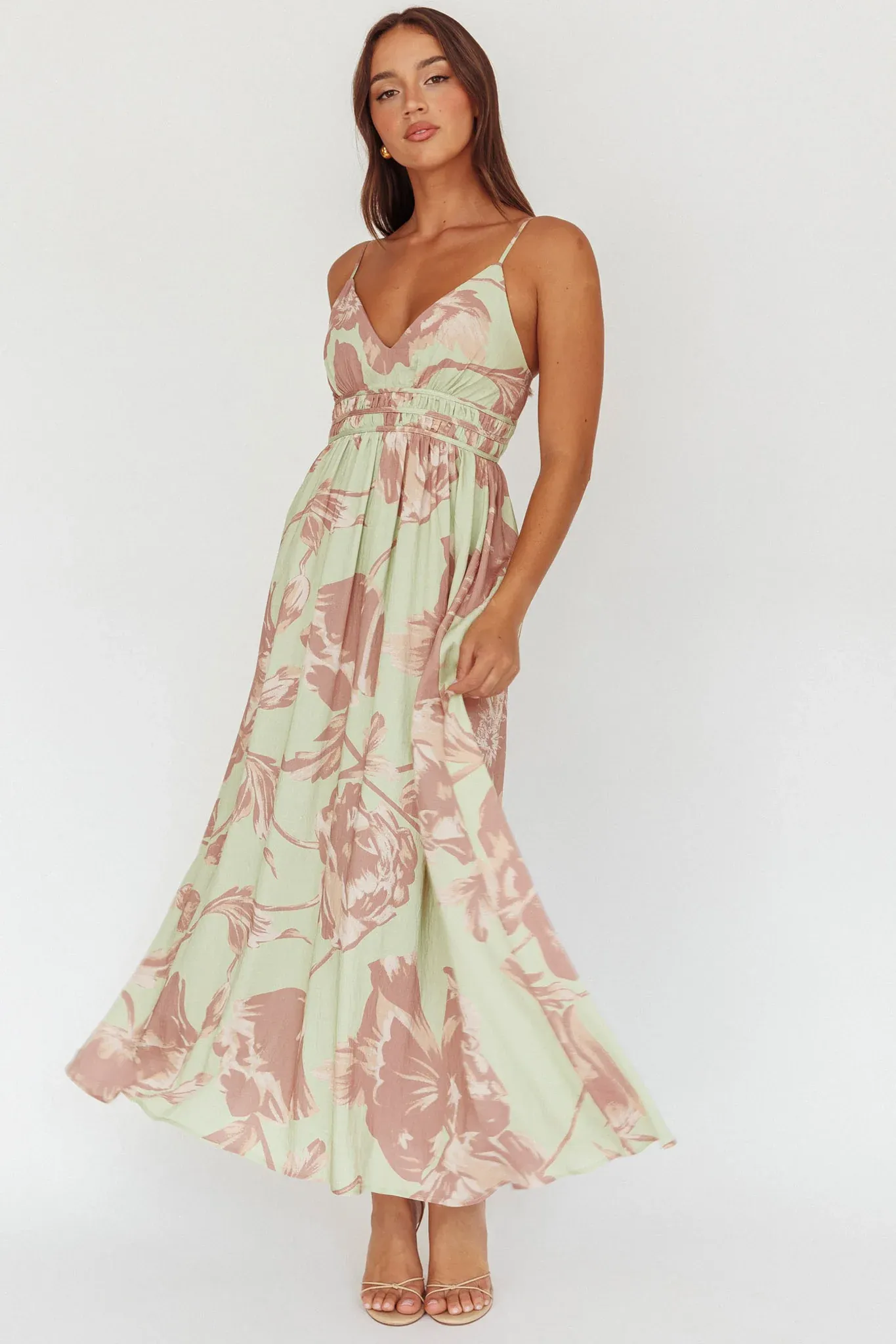 Sunny Afternoon Gathered Waist Maxi Dress Floral Sage