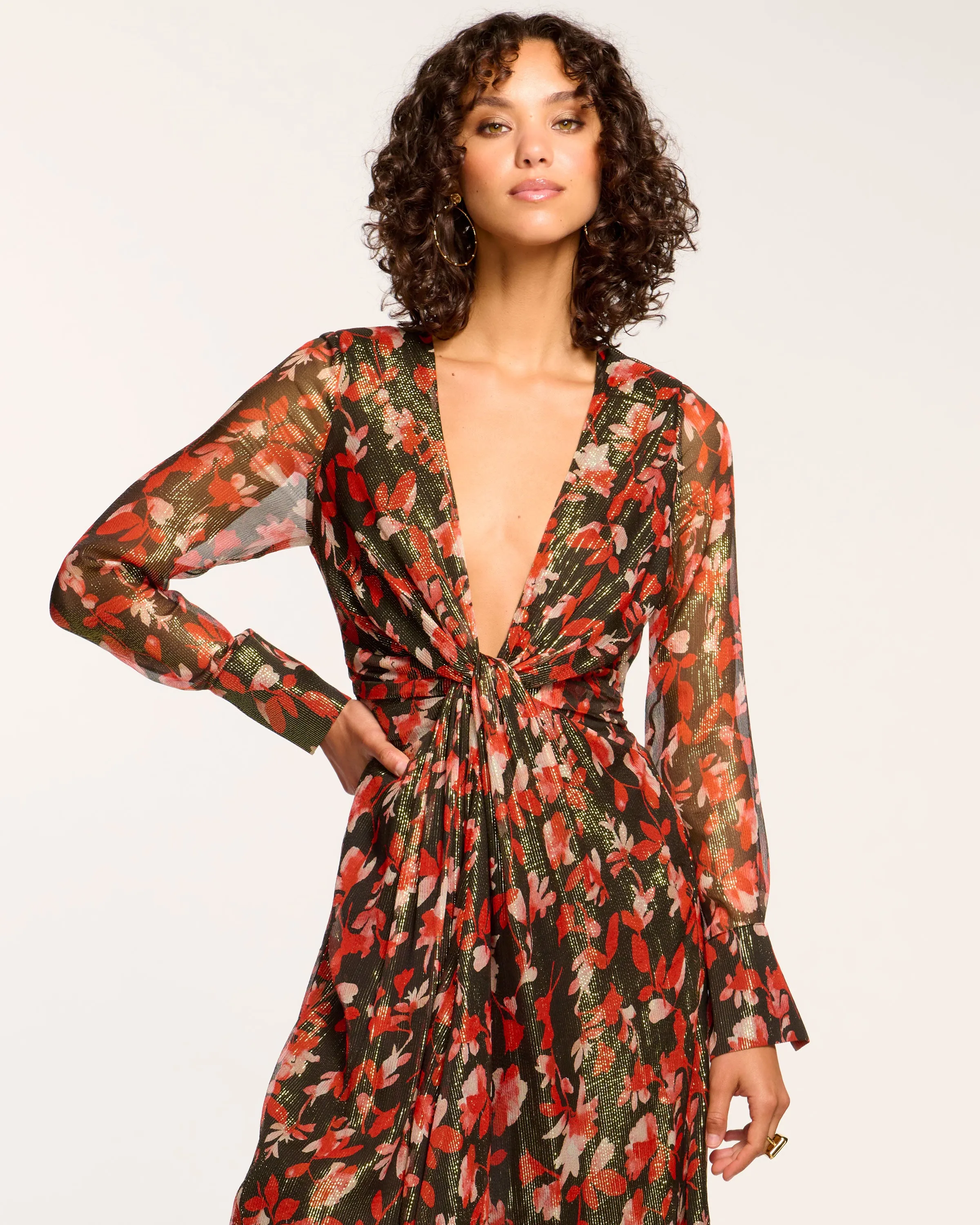 Tatia Plunging Long Sleeve Midi Dress