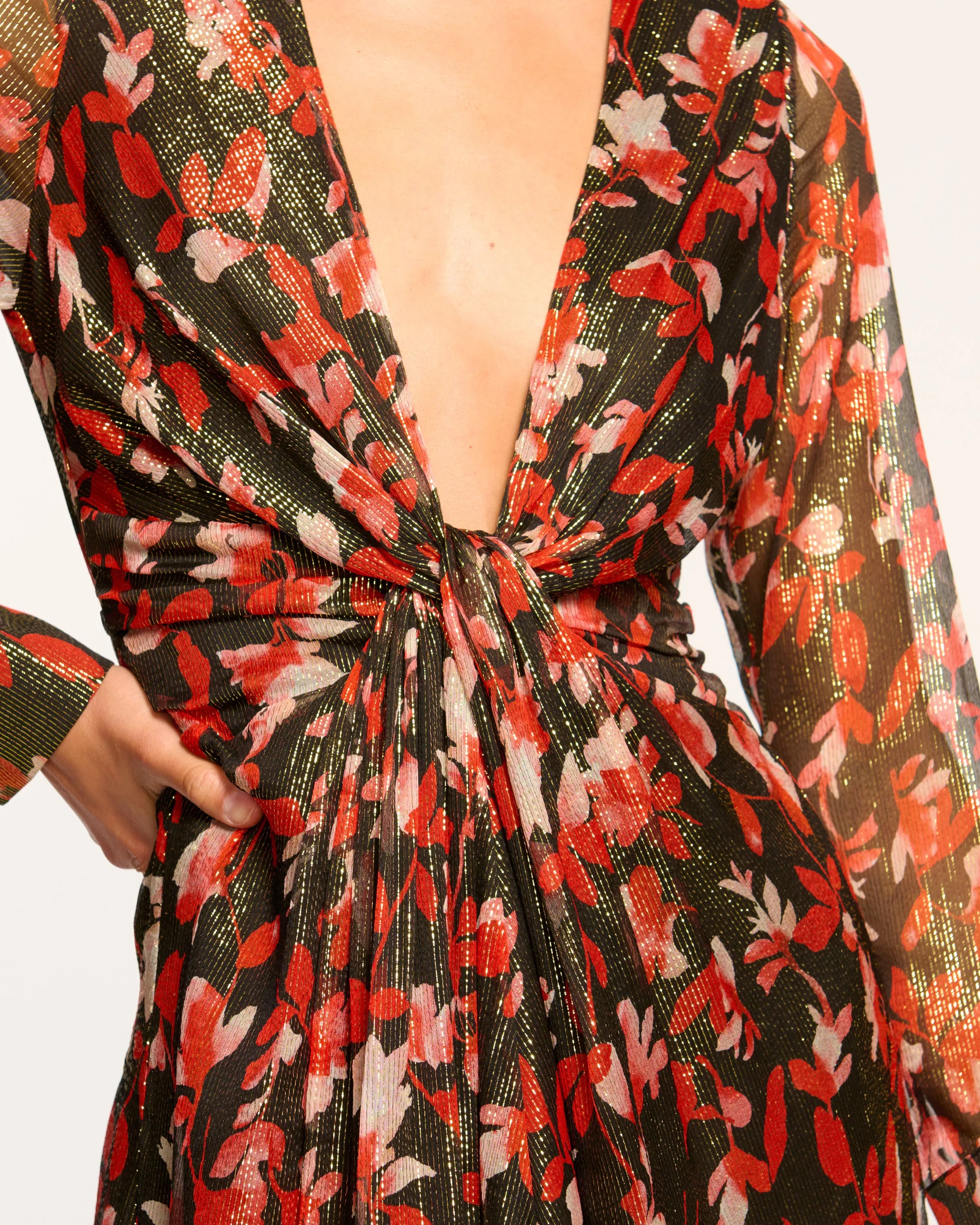 Tatia Plunging Long Sleeve Midi Dress