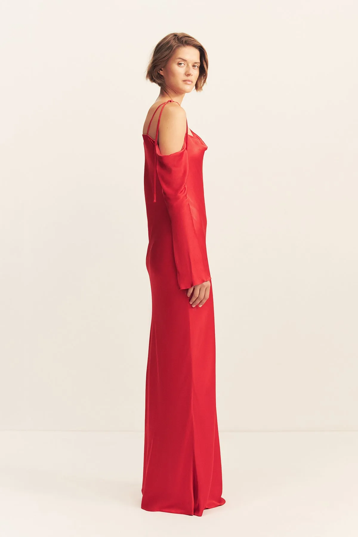 TATUM ASYMMETRICAL LONG SLEEVE MAXI DRESS - GRENADINE