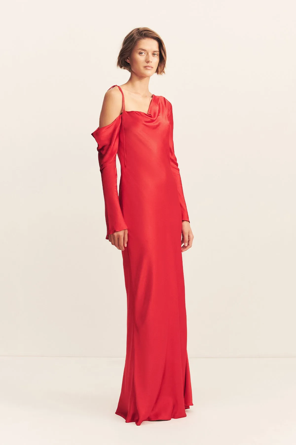 TATUM ASYMMETRICAL LONG SLEEVE MAXI DRESS - GRENADINE