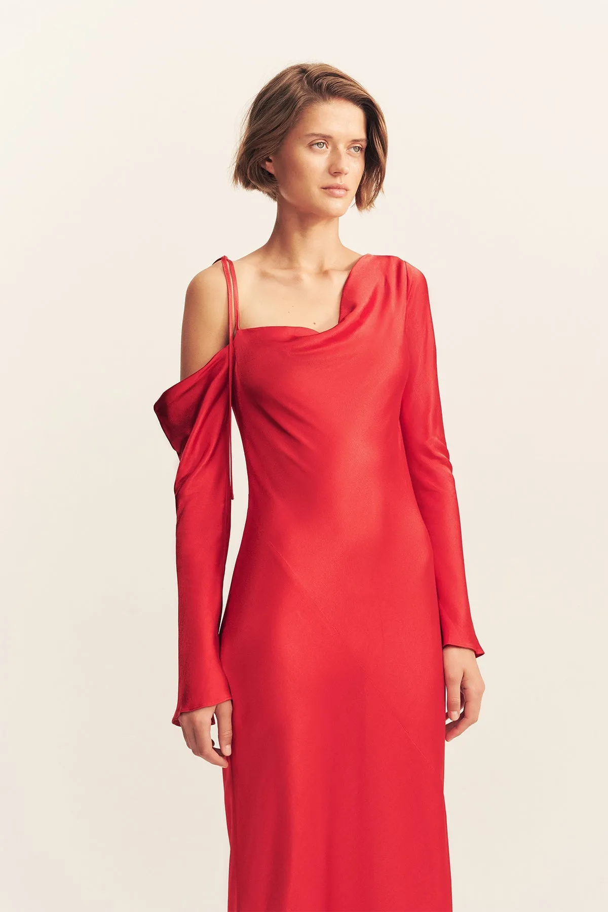 TATUM ASYMMETRICAL LONG SLEEVE MAXI DRESS - GRENADINE