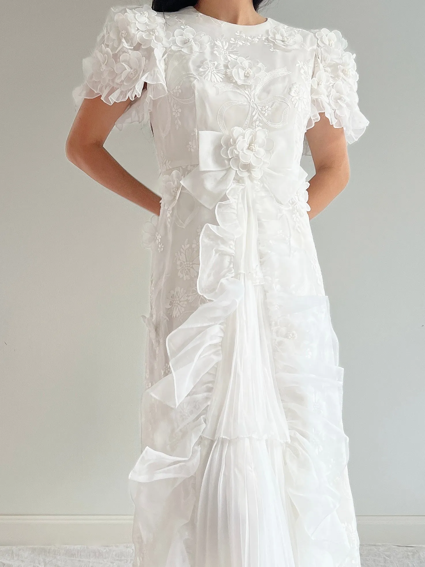 Vintage White 3D Floral Dress - S