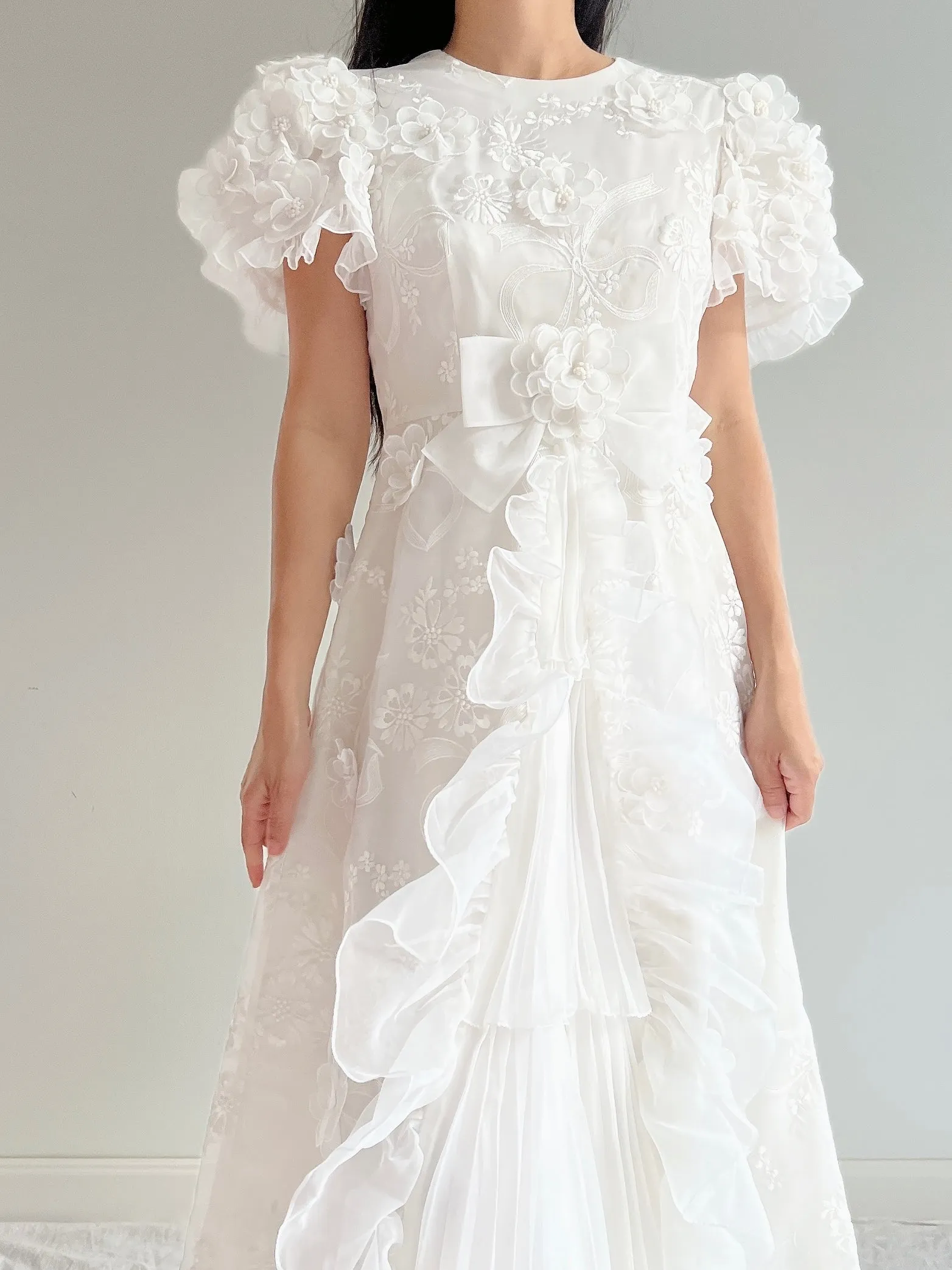 Vintage White 3D Floral Dress - S